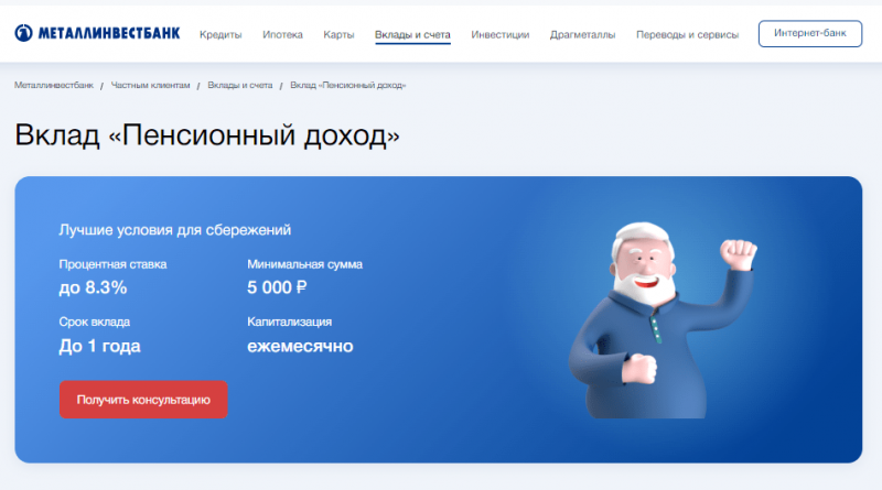Условия по вкладу Пенсионный доход в Металлинвестбанке