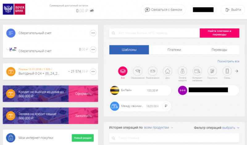 Функционал личного кабинета Почта Банка