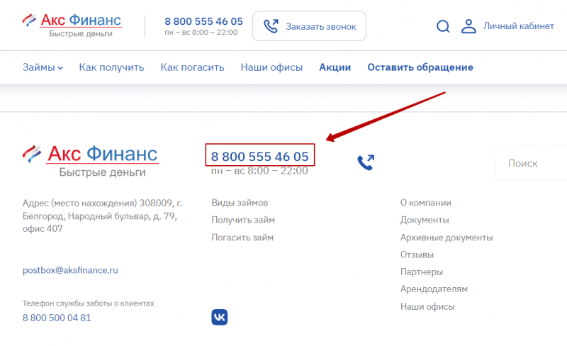 Телефон горячей линии Акс Финанс