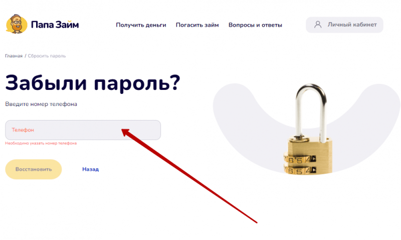 Восстановление пароля от личного кабинета Папа Займ Восстановление пароля от личного кабинета Папа Займ