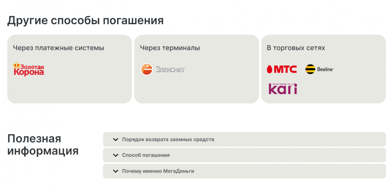 Способы оплаты задолженности в МФО Мега Деньги