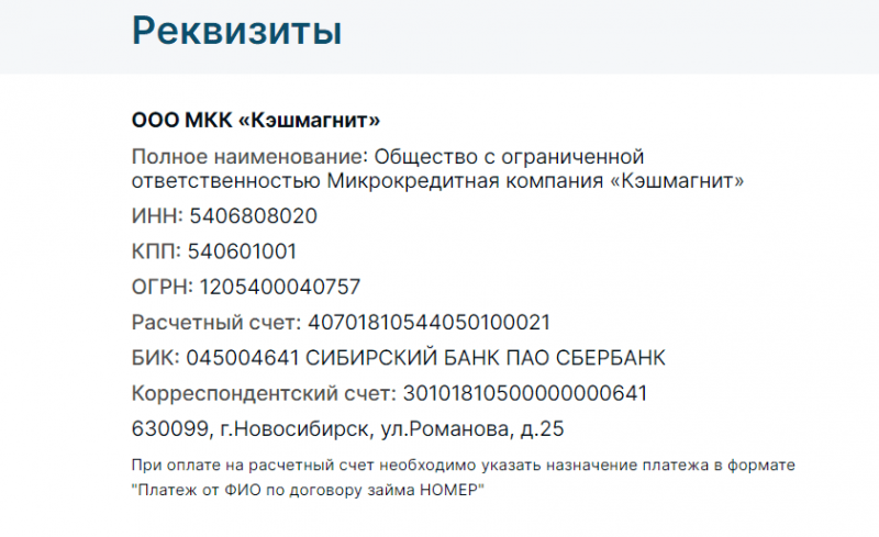 Оплата по реквизитам организации Кэш магнит
