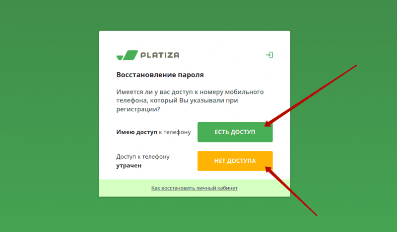 Восстановление пароля от личного кабинета Платиза