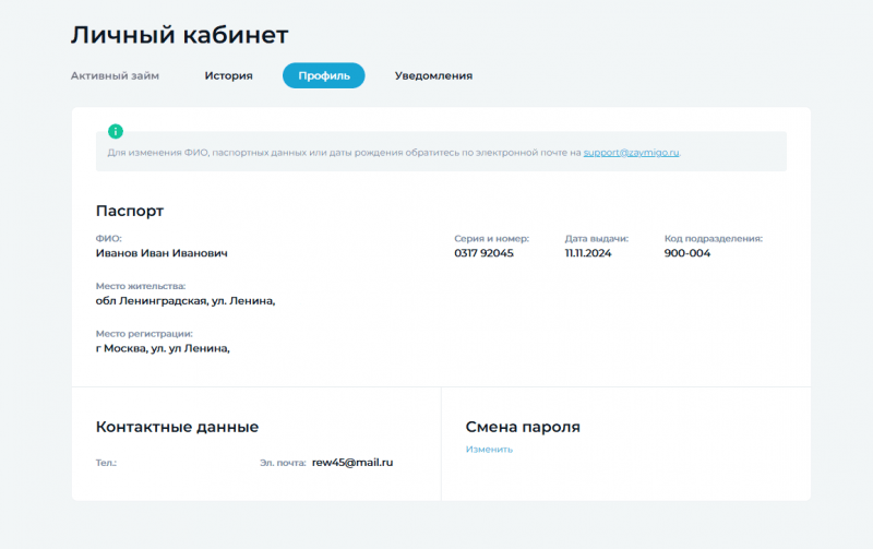 Функционал личного кабинета Займиго