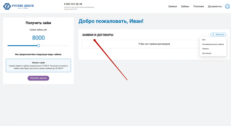 Функционал личного кабинета Русские Деньги