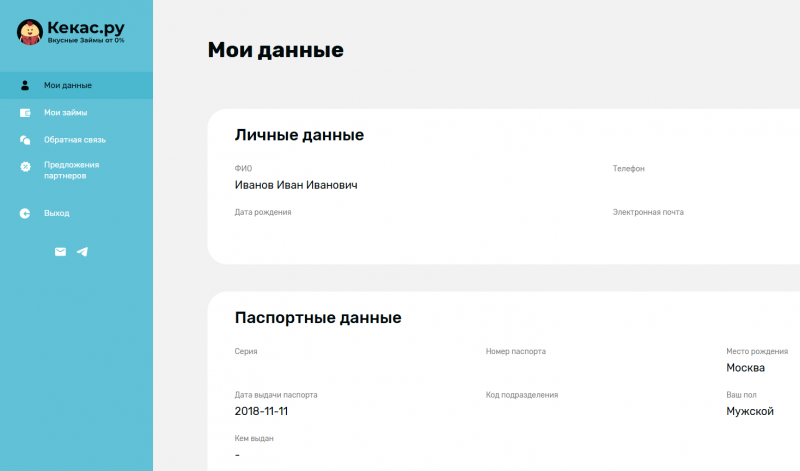 Функционал личного кабинета Кекас