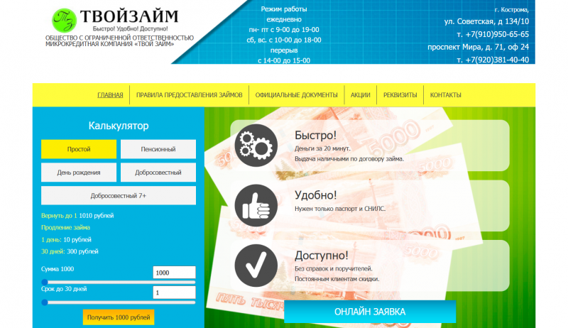 Условия займов в МФО Твой Займ