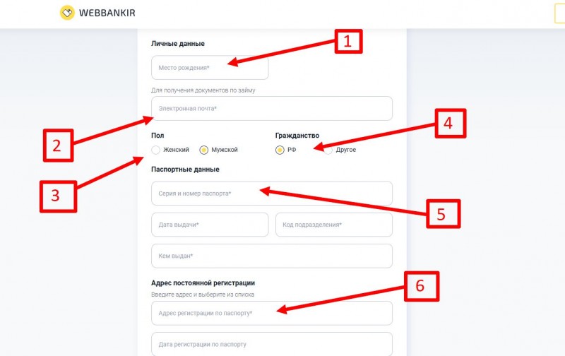 Заполнение анкеты заёмщика Вэббанкир
