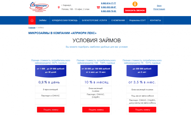 Условия займов в МФО Априори Лекс