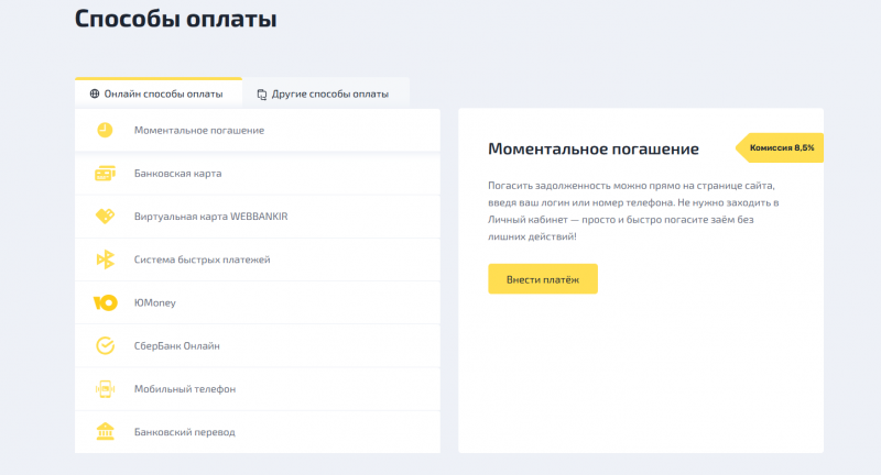 Способы оплаты задолженности в МФК Вэббанкир