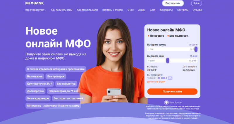 Условия займов в МФО Банк