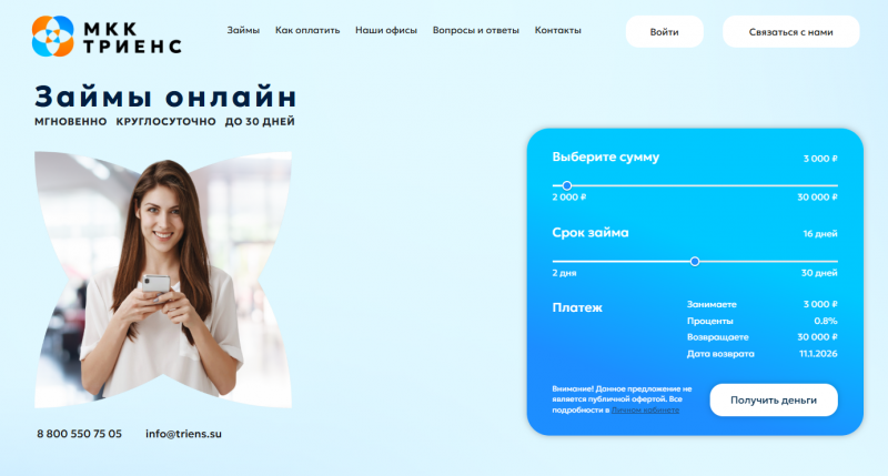 Условия займов в МФО Триенс