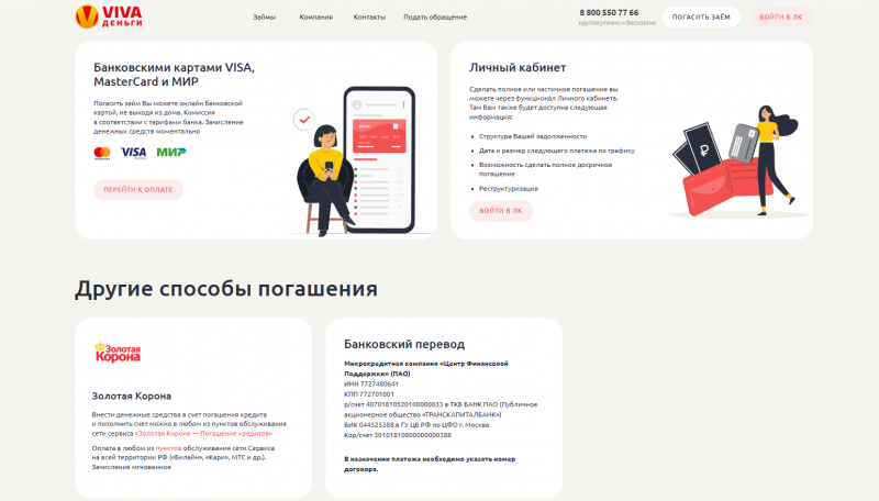 Способы оплаты задолженности в МФК Вива Деньги