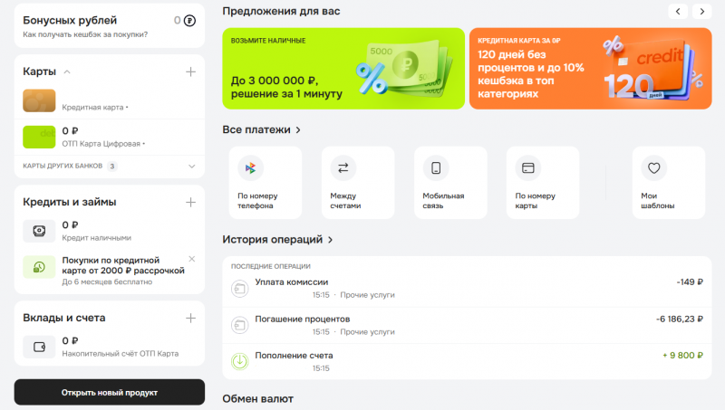 Функционал личного кабинета ОТП Банка